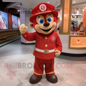 Red Fire Fighter mascot costume character dressed with a Circle Skirt and Beanies