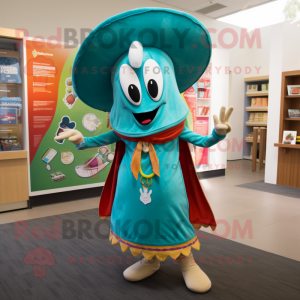 Turquoise Fajitas mascot costume character dressed with a Shift Dress and Keychains