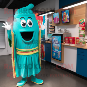 Turquoise Fajitas mascot costume character dressed with a Shift Dress and Keychains
