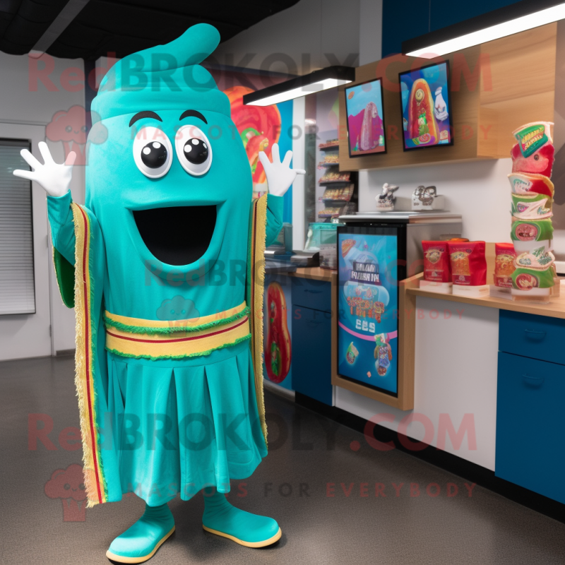 Turquoise Fajitas mascot costume character dressed with a Shift Dress and Keychains Turquoise Fajitas mascot costume character dressed with a Shift Dress and Keychains