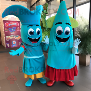 Turquoise Fajitas mascot costume character dressed with a Shift Dress and Keychains