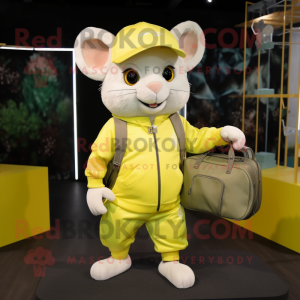 Lemon Yellow Dormouse mascot costume character dressed with a Joggers and Handbags