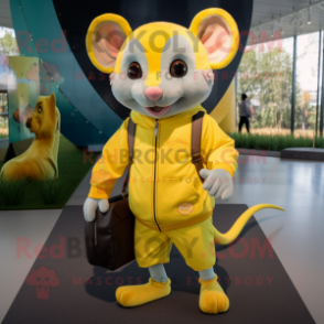 Lemon Yellow Dormouse mascot costume character dressed with a Joggers and Handbags