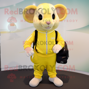 Lemon Yellow Dormouse mascot costume character dressed with a Joggers and Handbags