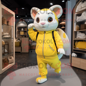 Lemon Yellow Dormouse mascot costume character dressed with a Joggers and Handbags