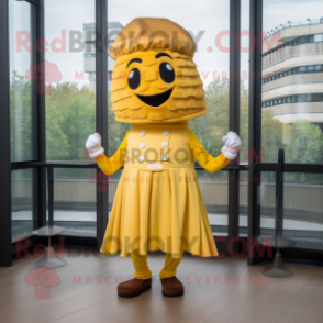 Yellow Croissant mascot costume character dressed with a Empire Waist Dress and Hats