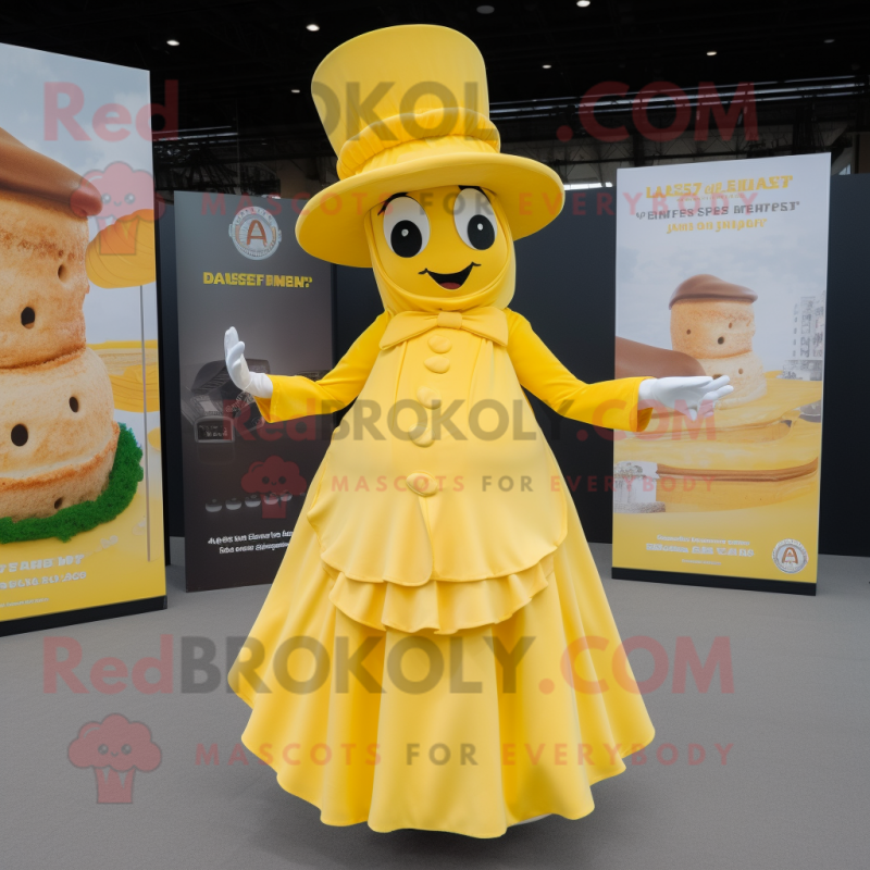 Yellow Croissant mascot costume character dressed with a Empire Waist Dress and Hats