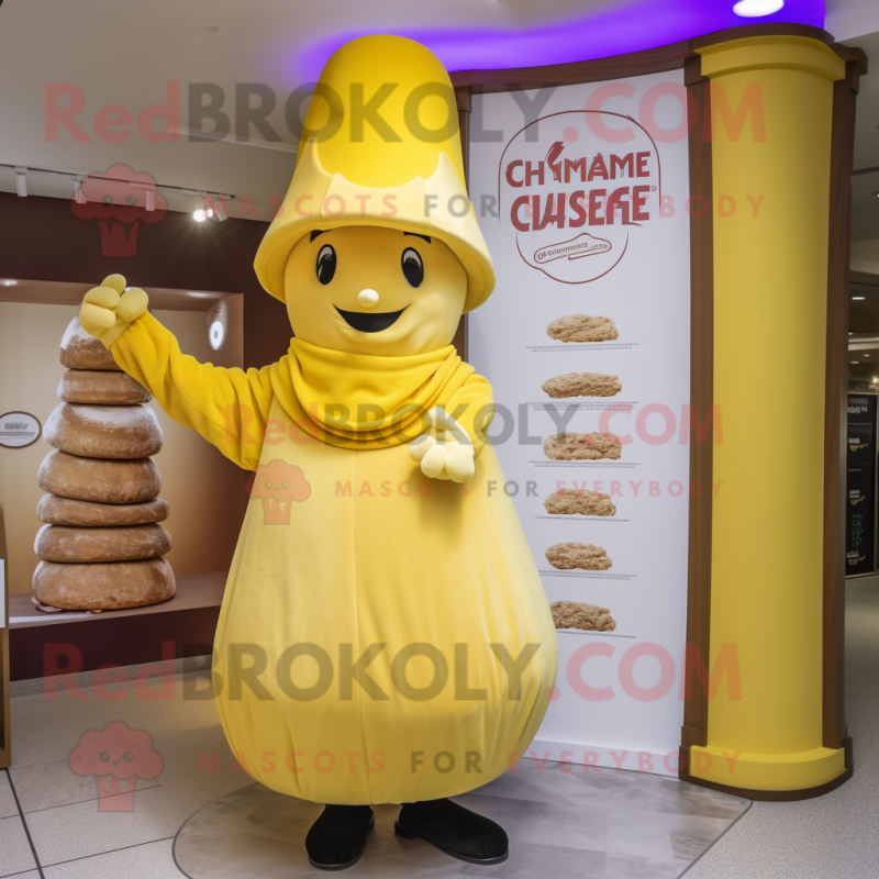 Yellow Croissant mascot costume character dressed with a Empire Waist Dress and Hats Yellow Croissant mascot costume character dressed with a Empire Waist Dress and Hats