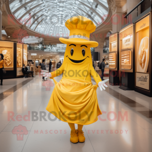 Yellow Croissant mascot costume character dressed with a Empire Waist Dress and Hats