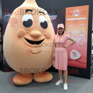 Peach Beef Stroganoff mascot costume character dressed with a Pencil Skirt and Foot pads