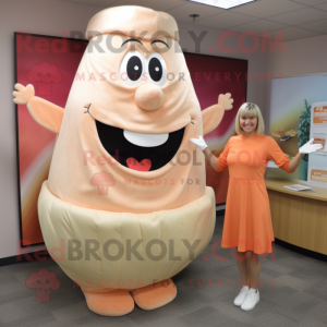 Peach Beef Stroganoff mascot costume character dressed with a Pencil Skirt and Foot pads