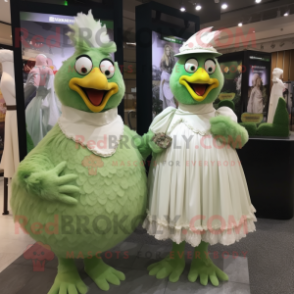 Green Butter Chicken mascot costume character dressed with a Wedding Dress and Rings