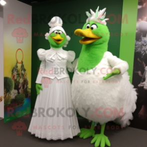 Green Butter Chicken mascot costume character dressed with a Wedding Dress and Rings