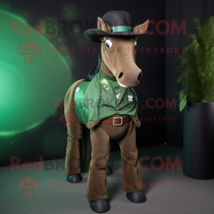 Forest Green Mare mascot costume character dressed with a Waistcoat and Berets