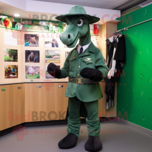 Forest Green Mare mascot costume character dressed with a Waistcoat and Berets