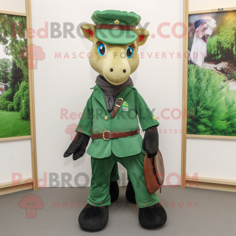 Forest Green Mare mascot costume character dressed with a Waistcoat and Berets Forest Green Mare mascot costume character dressed with a Waistcoat and Berets