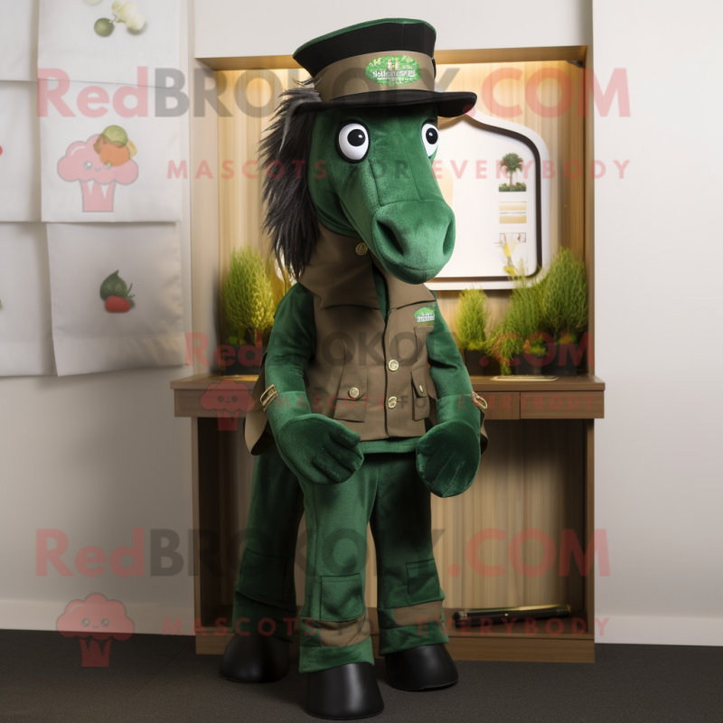 Forest Green Mare mascot costume character dressed with a Waistcoat and Berets