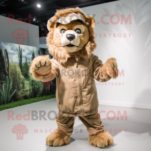 Tan Lion mascot costume character dressed with a Parka and Headbands