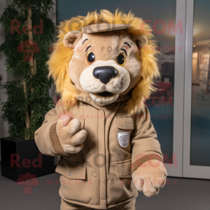Tan Lion mascot costume character dressed with a Parka and Headbands