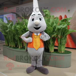 Gray Carrot mascot costume character dressed with a Dress Pants and Shoe laces