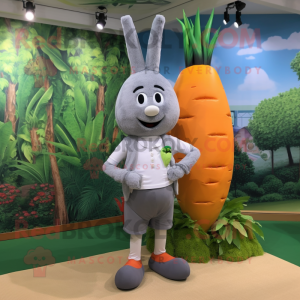 Gray Carrot mascot costume character dressed with a Dress Pants and Shoe laces