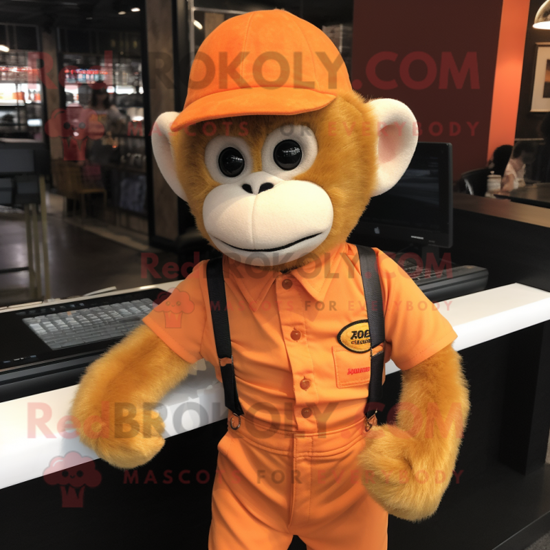 Orange Monkey mascot costume character dressed with a Overalls and Headbands