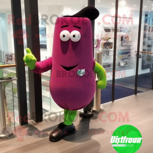 Magenta Cucumber mascot costume character dressed with a Dress Shirt and Shoe clips