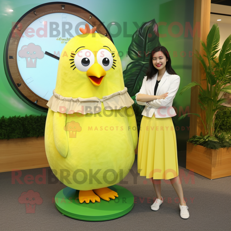 Lemon Yellow Kiwi mascot costume character dressed with a Maxi Skirt and Smartwatches