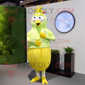 Lemon Yellow Kiwi mascot costume character dressed with a Maxi Skirt and Smartwatches