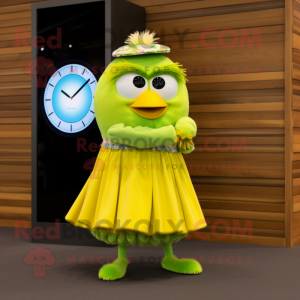 Lemon Yellow Kiwi mascot costume character dressed with a Maxi Skirt and Smartwatches