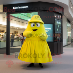 Lemon Yellow Kiwi mascot costume character dressed with a Maxi Skirt and Smartwatches