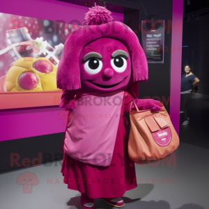 Magenta Falafel mascot costume character dressed with a Wrap Skirt and Handbags