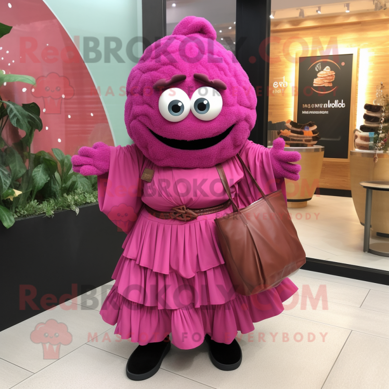 Magenta Falafel mascot costume character dressed with a Wrap Skirt and Handbags Magenta Falafel mascot costume character dressed with a Wrap Skirt and Handbags