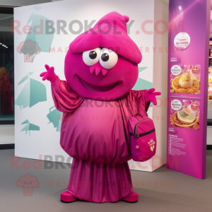 Magenta Falafel mascot costume character dressed with a Wrap Skirt and Handbags