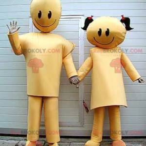 2 mascottes de couple de garçon et de fille dorés -