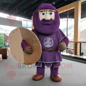 Purple Celtic Shield mascot costume character dressed with a Corduroy Pants and Belts