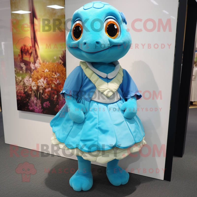 Sky Blue Turtle mascot costume character dressed with a Shift Dress and Keychains