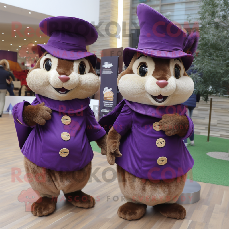 Purple Chipmunk mascot costume character dressed with a Skirt and Berets