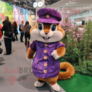 Purple Chipmunk mascot costume character dressed with a Skirt and Berets