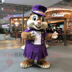 Purple Chipmunk mascot costume character dressed with a Skirt and Berets