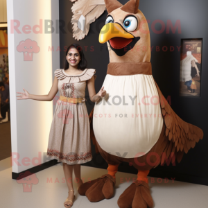 Brown Tandoori Chicken mascot costume character dressed with a Empire Waist Dress and Suspenders