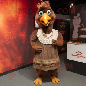 Brown Tandoori Chicken mascot costume character dressed with a Empire Waist Dress and Suspenders