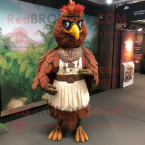 Brown Tandoori Chicken mascot costume character dressed with a Empire Waist Dress and Suspenders