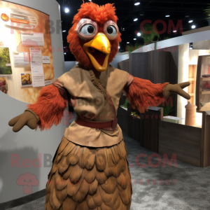 Brown Tandoori Chicken mascot costume character dressed with a Empire Waist Dress and Suspenders