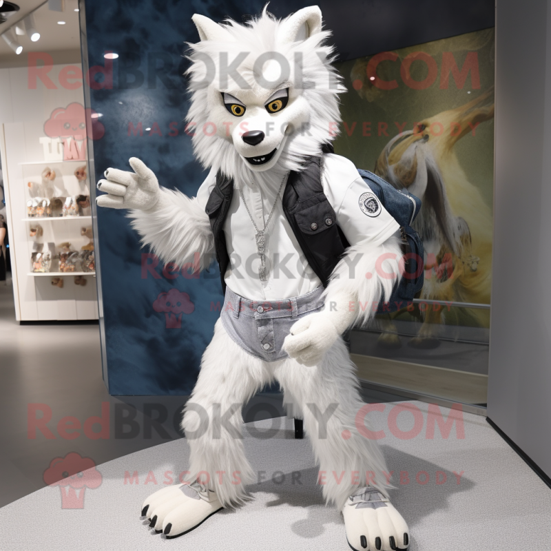 White Werewolf mascot costume character dressed with a Skinny Jeans and Messenger bags