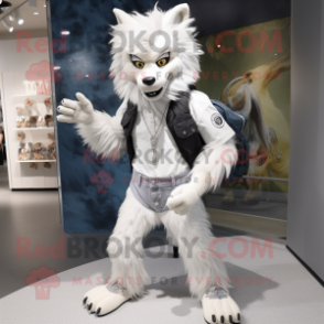 White Werewolf mascot costume character dressed with a Skinny Jeans and Messenger bags