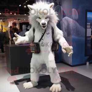 White Werewolf mascot costume character dressed with a Skinny Jeans and Messenger bags