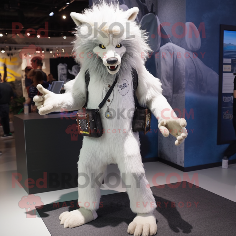 White Werewolf mascot costume character dressed with a Skinny Jeans and Messenger bags