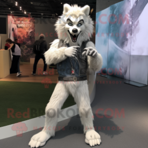 White Werewolf mascot costume character dressed with a Skinny Jeans and Messenger bags