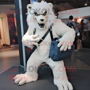 White Werewolf mascot costume character dressed with a Skinny Jeans and Messenger bags